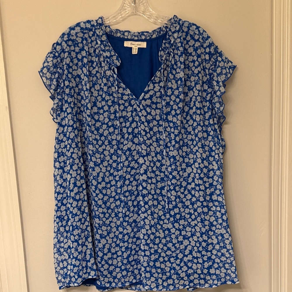 Floral Ruffle Sleeve Blouse - Blue and White